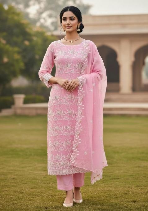 Baby Pink Embroidered Georgette Dress Material