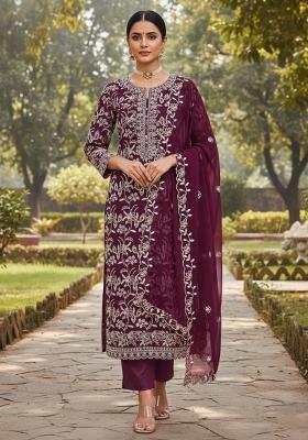 Purple Embroidered Georgette Dress Material