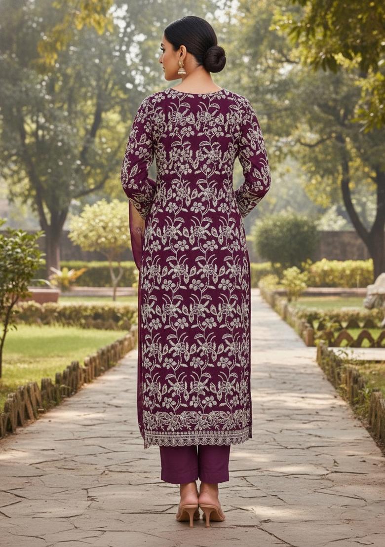 Purple Embroidered Georgette Dress Material - Indya