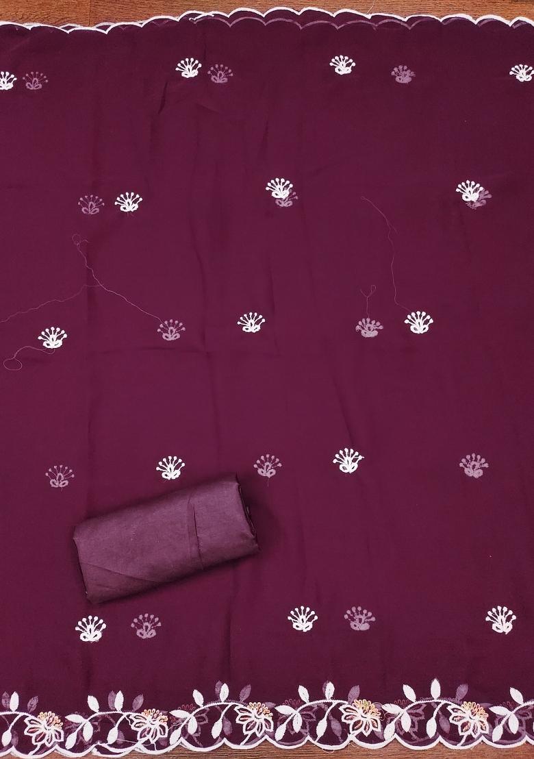Purple Embroidered Georgette Dress Material - Indya