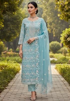 Sky Blue Embroidered Georgette Dress Material