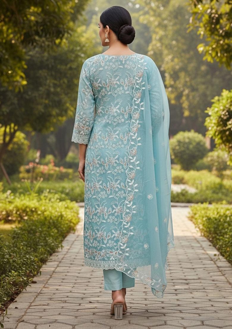 Sky Blue Embroidered Georgette Dress Material - Indya