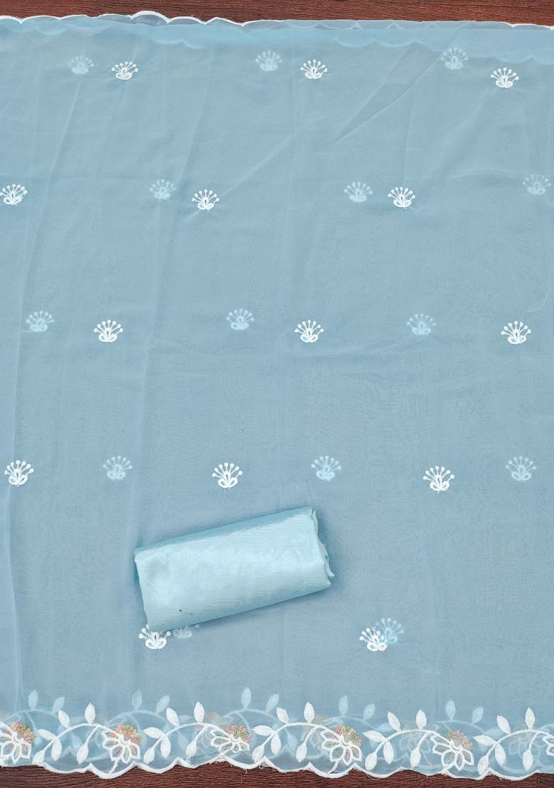 Sky Blue Embroidered Georgette Dress Material - Indya