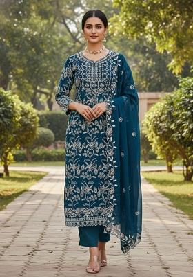 Teal Blue Embroidered Georgette Dress Material