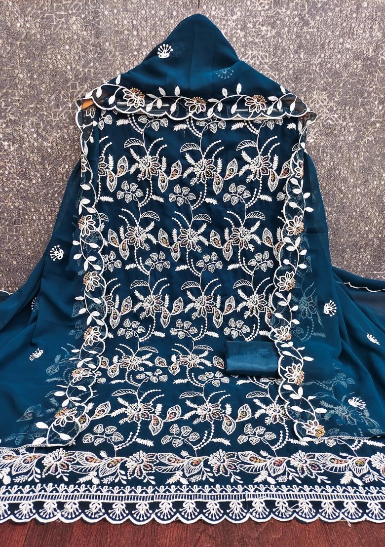 Teal Blue Embroidered Georgette Dress Material