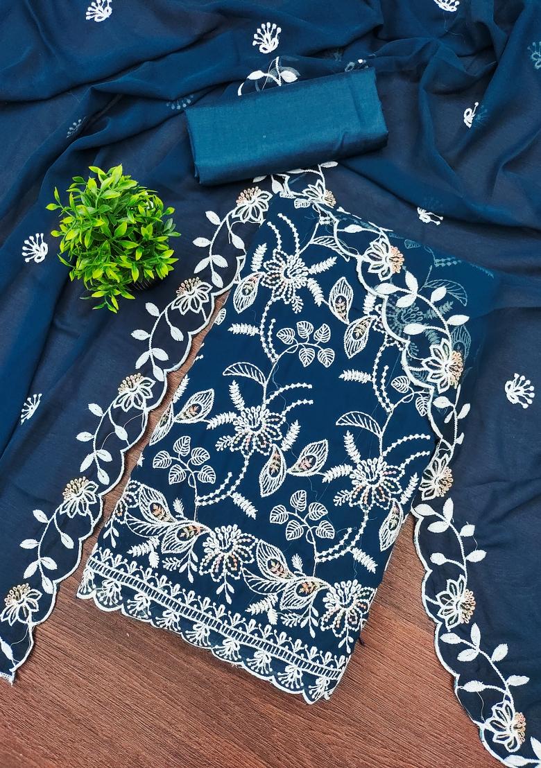 Teal Blue Embroidered Georgette Dress Material