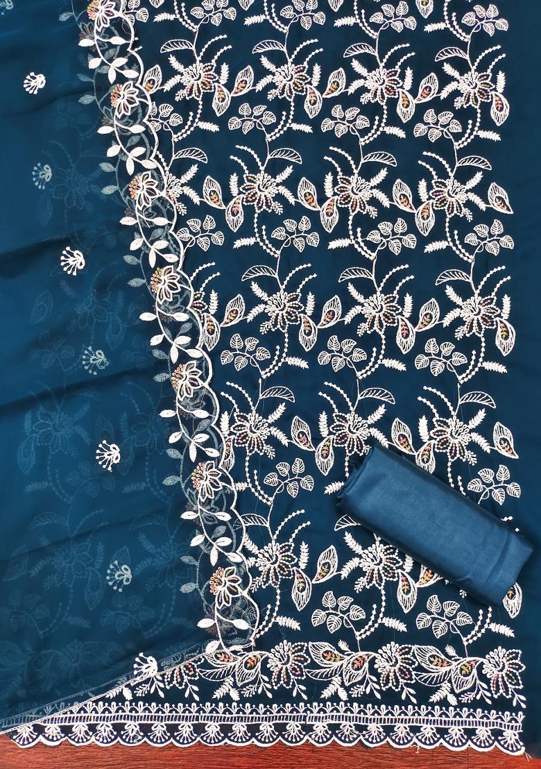 Teal Blue Embroidered Georgette Dress Material