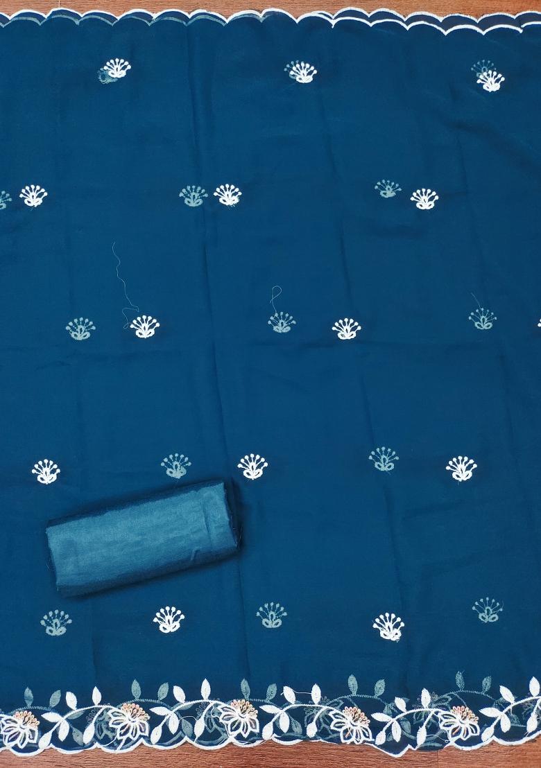 Teal Blue Embroidered Georgette Dress Material