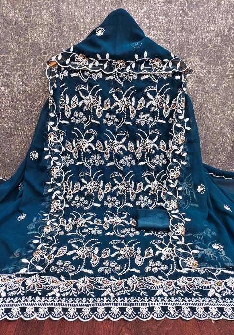 Teal Blue Embroidered Georgette Dress Material