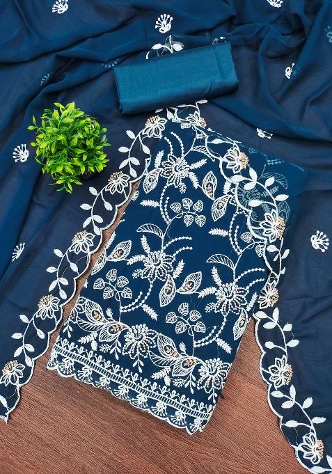 Teal Blue Embroidered Georgette Dress Material