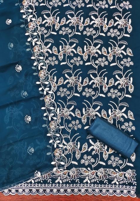 Teal Blue Embroidered Georgette Dress Material
