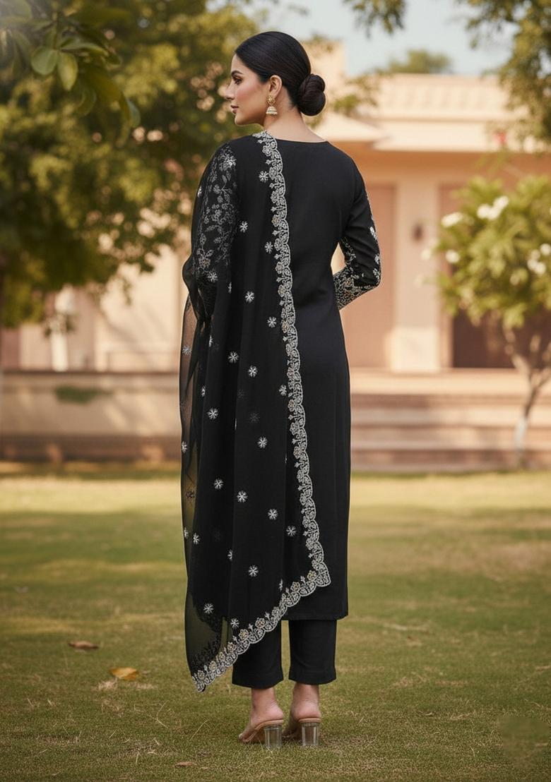 Black Embroidered Georgette Dress Material - Indya