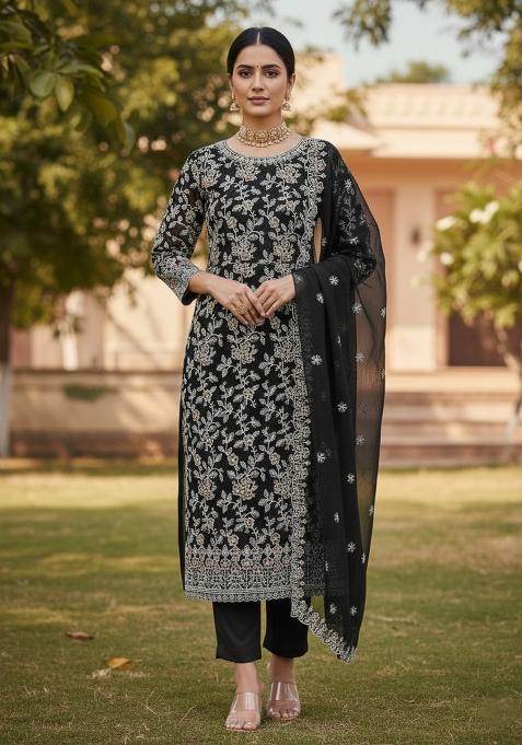 Black Embroidered Georgette Dress Material
