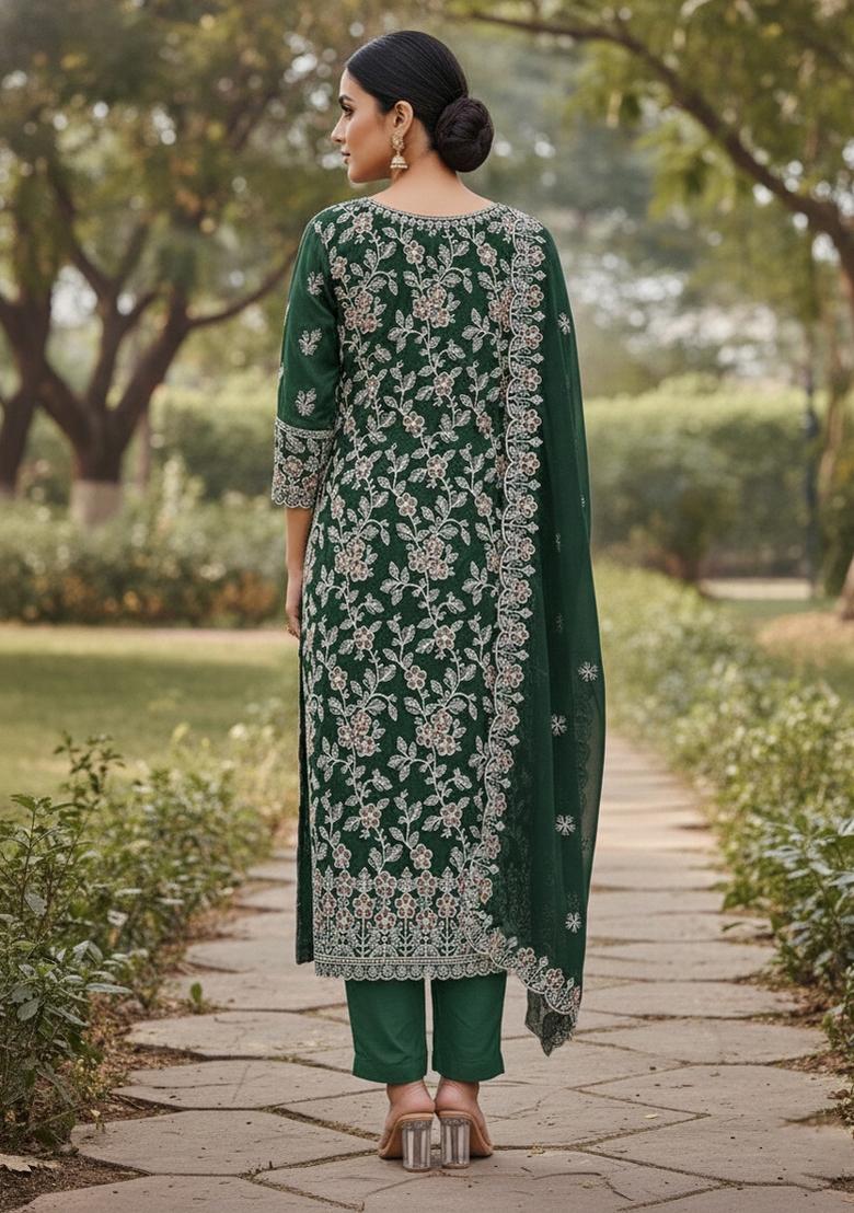 Green Embroidered Georgette Dress Material - Indya