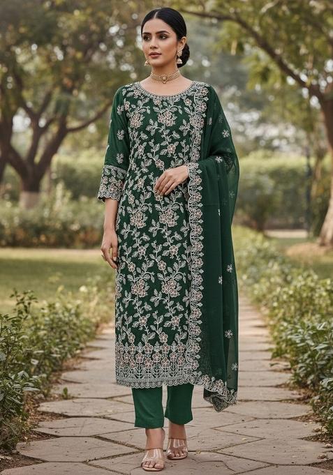 Green Embroidered Georgette Dress Material