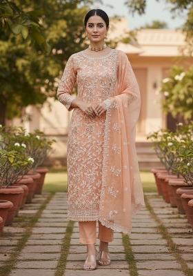 Peach Embroidered Georgette Dress Material
