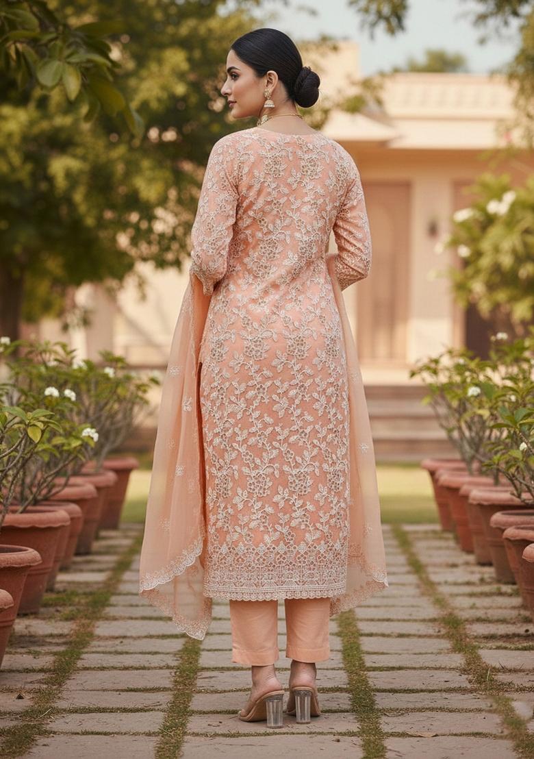 Peach Embroidered Georgette Dress Material - Indya