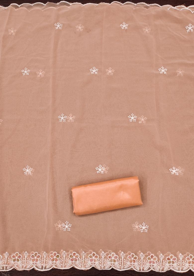 Peach Embroidered Georgette Dress Material - Indya