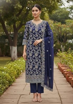 Royal Blue Embroidered Georgette Dress Material