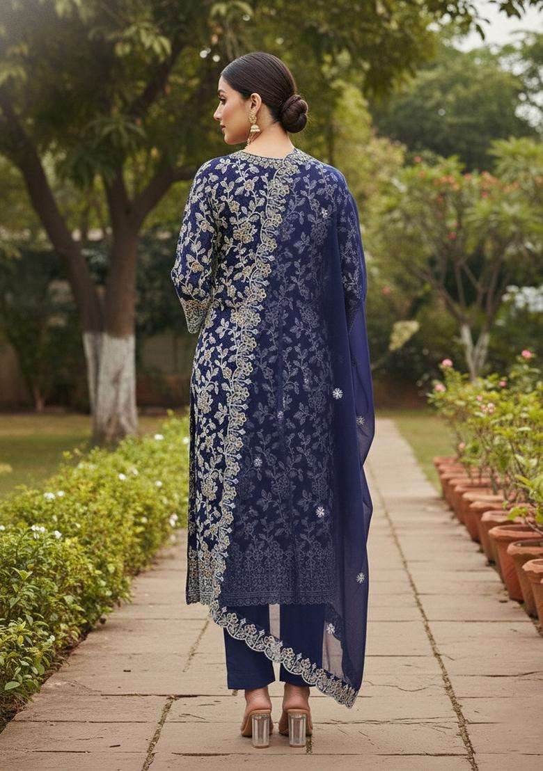 Royal Blue Embroidered Georgette Dress Material - Indya