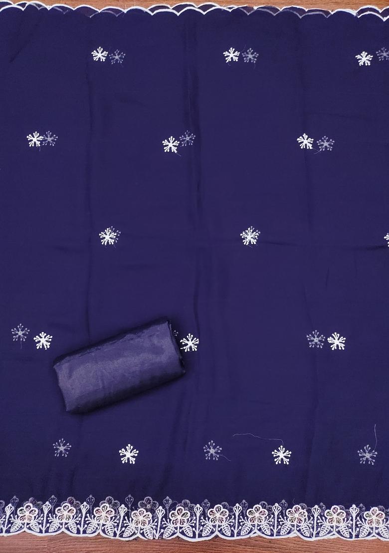 Royal Blue Embroidered Georgette Dress Material - Indya