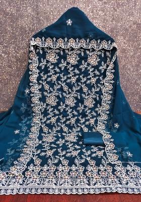 Teal Blue Embroidered Georgette Dress Material