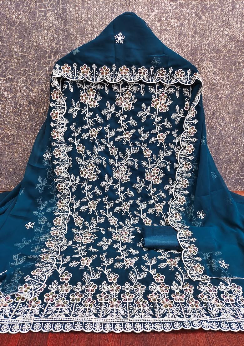 Teal Blue Embroidered Georgette Dress Material