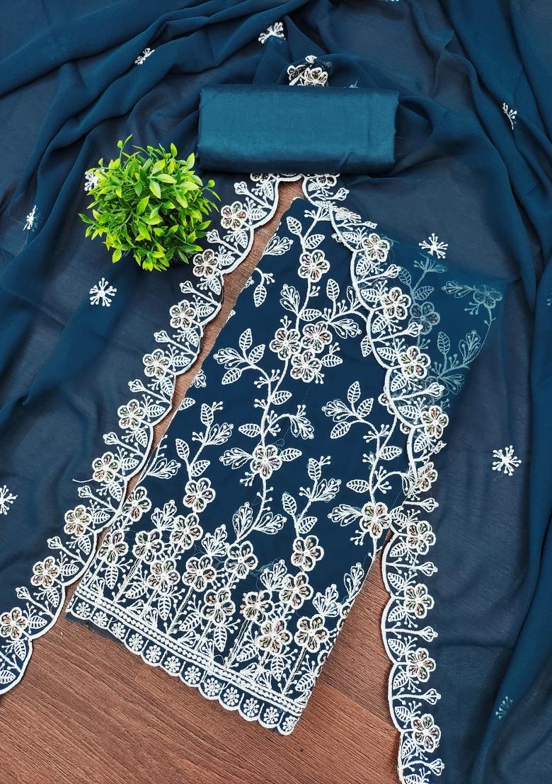 Teal Blue Embroidered Georgette Dress Material