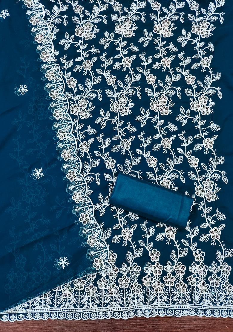 Teal Blue Embroidered Georgette Dress Material