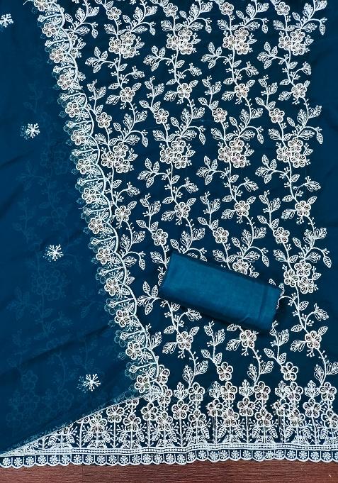 Teal Blue Embroidered Georgette Dress Material