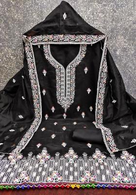 Black Embroidered Cotton Blend Dress Material