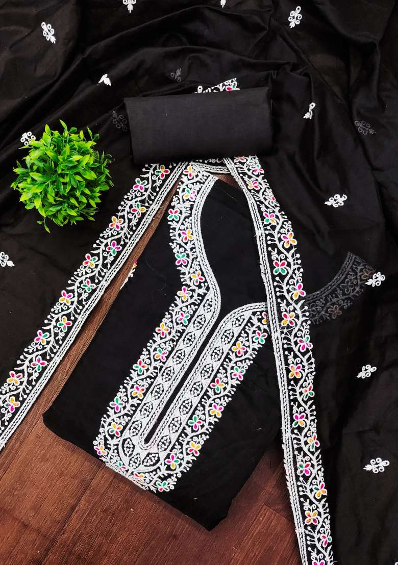 Black Embroidered Blended Punjabi Suit - Indya