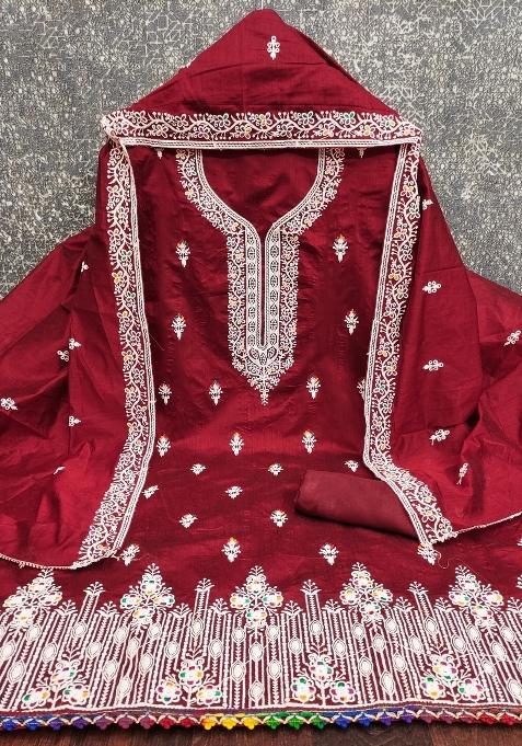 Maroon Embroidered Cotton Blend Dress Material