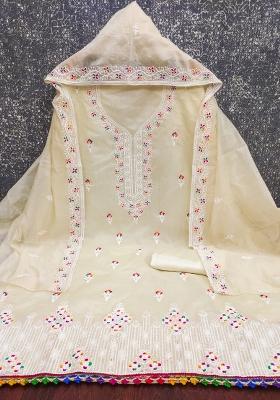 White Embroidered Cotton Blend Dress Material