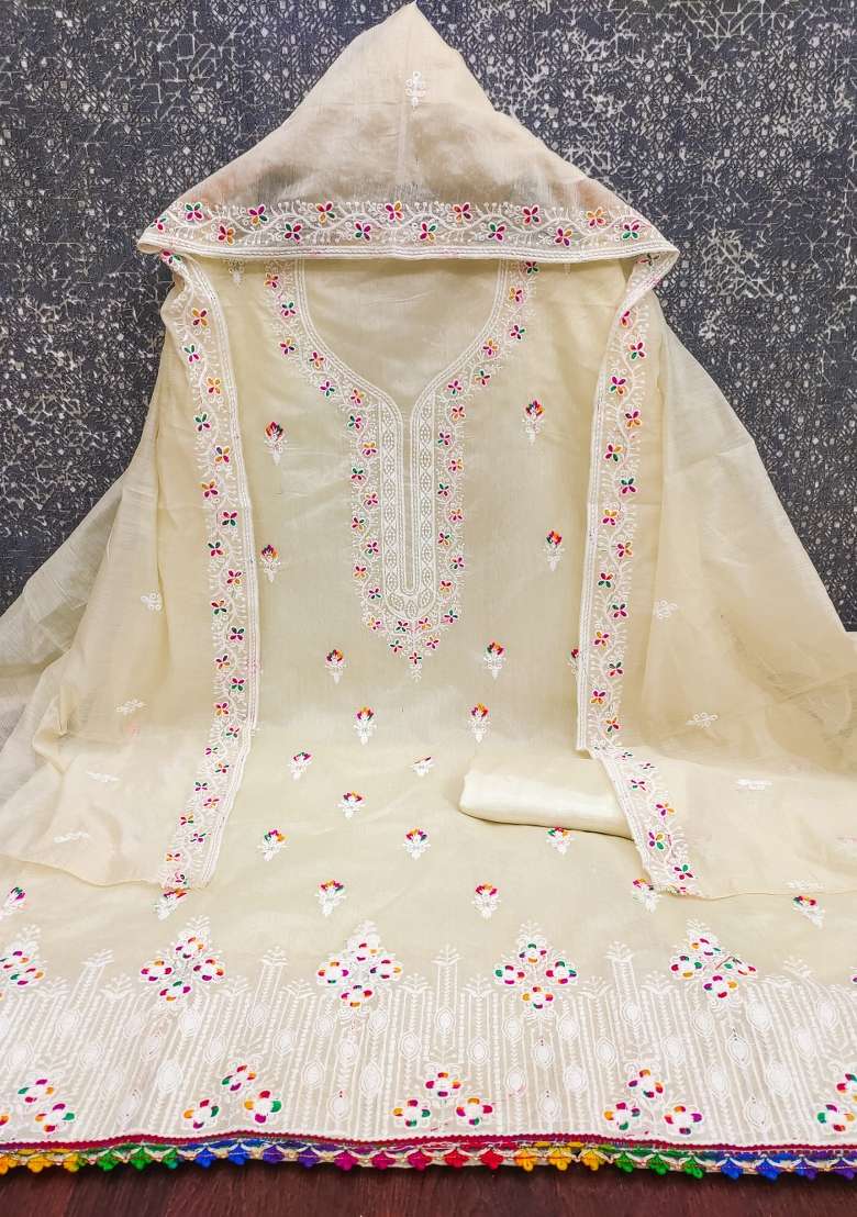 White Embroidered Blended Punjabi Suit - Indya