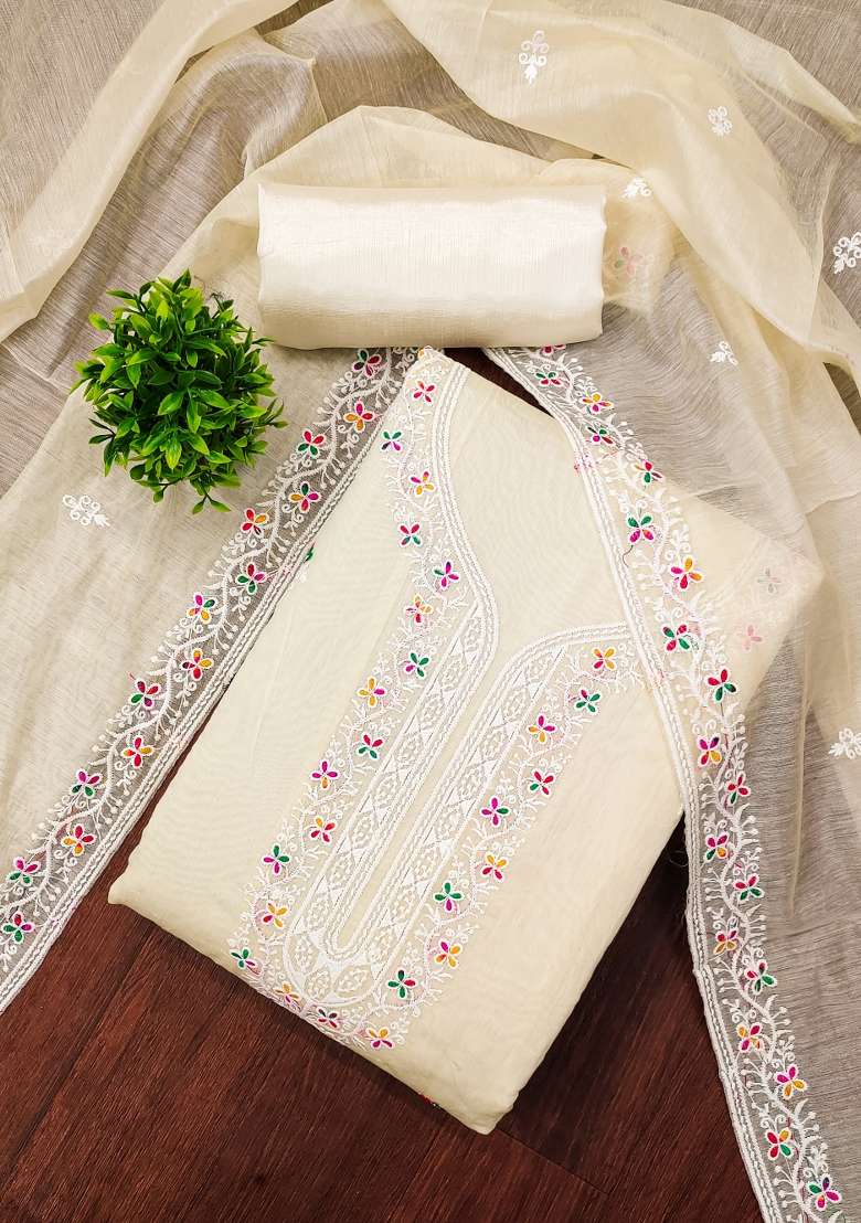 White Embroidered Blended Punjabi Suit - Indya