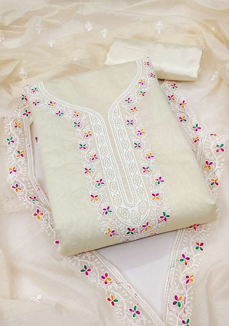 White Embroidered Blended Punjabi Suit - Indya