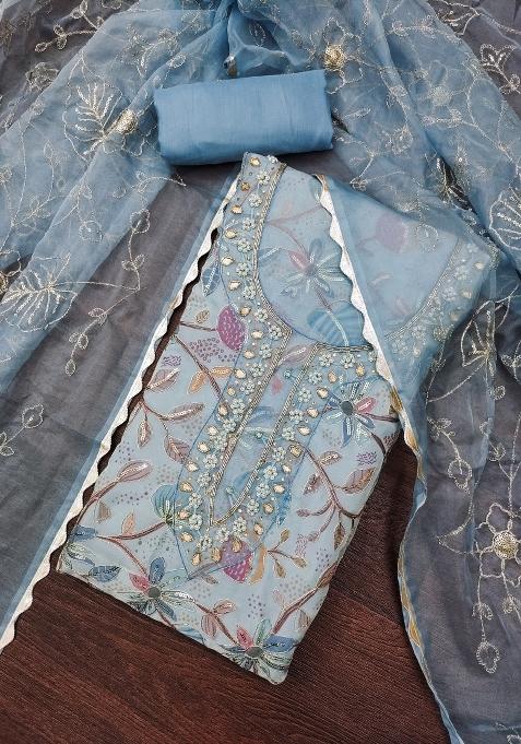 Pastel Blue Embroidered Viscose Straight Kurta Set