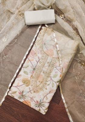 Beige Embroidered Viscose Dress Material