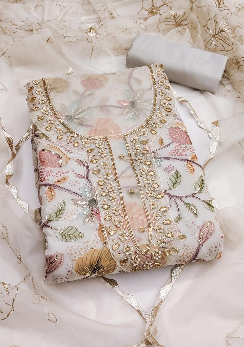 Beige Embroidered Viscose Dress Material - Indya