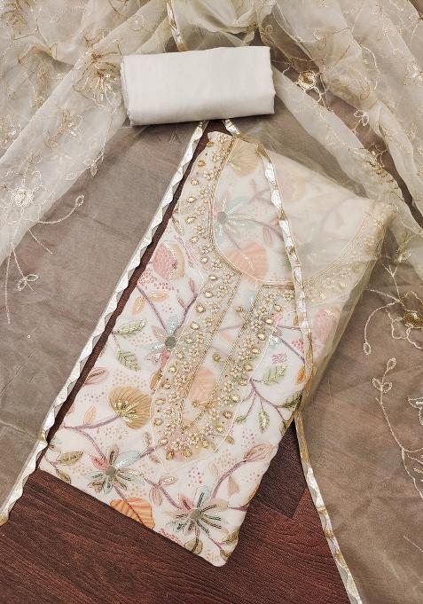 Beige Embroidered Viscose Dress Material