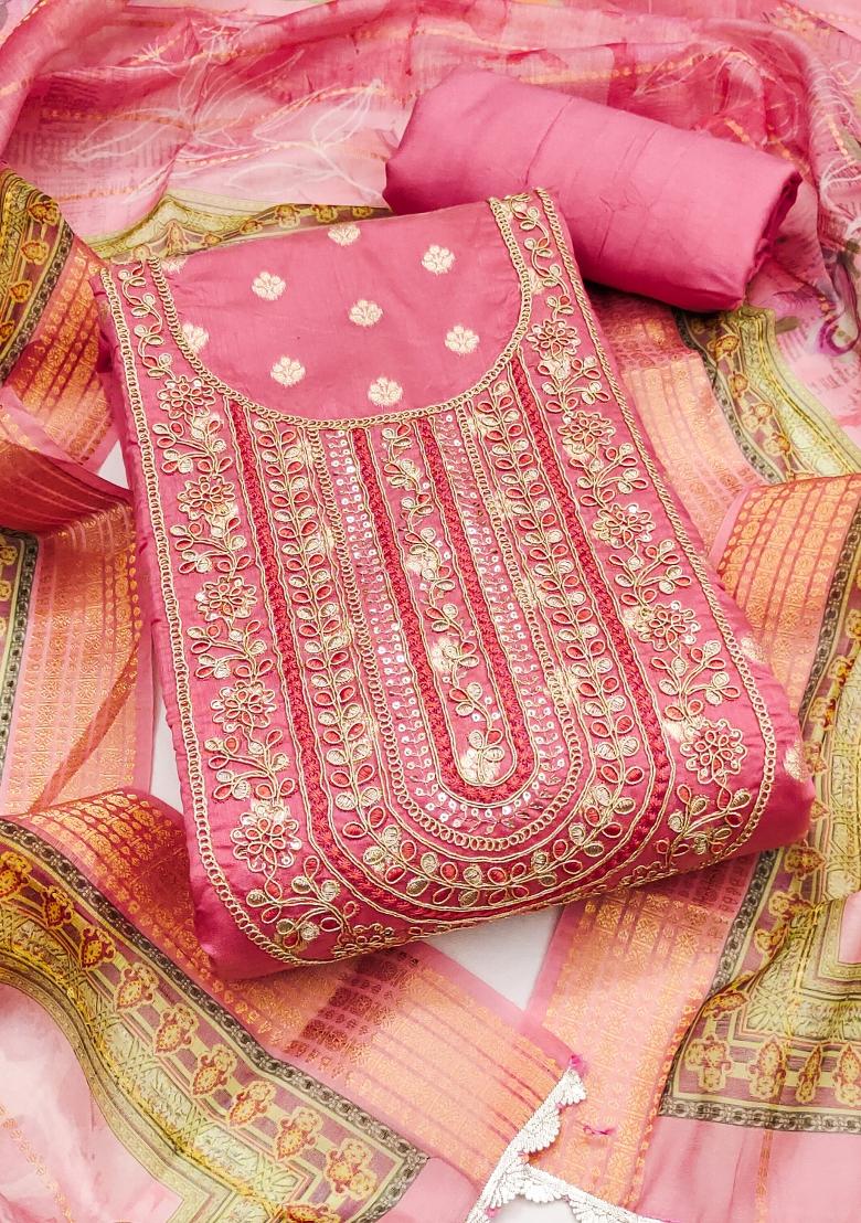 Pink Embroidered Blended Dress Material
