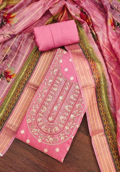 Pink Embroidered Blended Dress Material