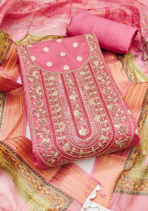 Pink Embroidered Blended Dress Material