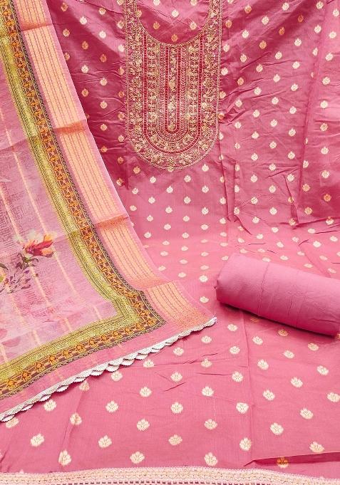 Pink Embroidered Blended Dress Material