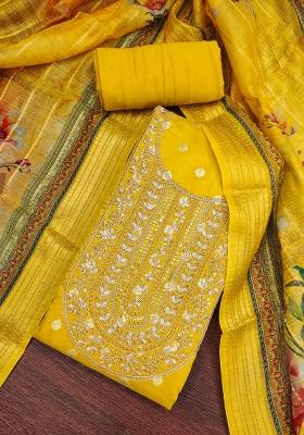 Yellow Embroidered Blended Dress Material