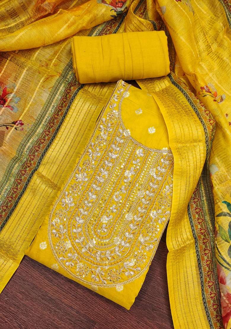 Yellow Embroidered Blended Dress Material - Indya
