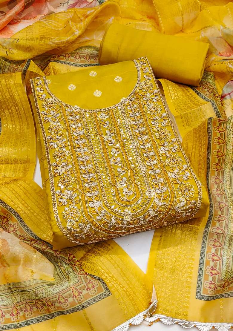 Yellow Embroidered Blended Dress Material - Indya