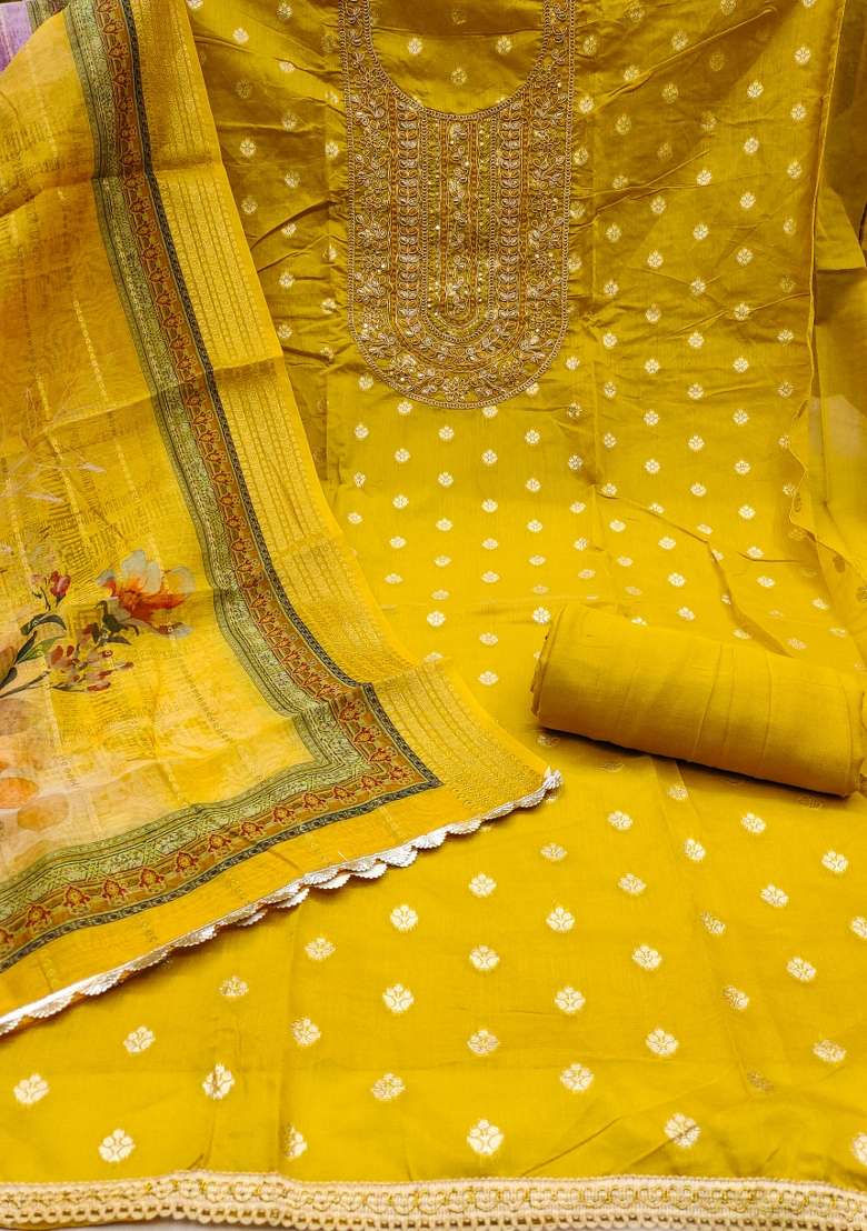 Yellow Embroidered Blended Dress Material - Indya