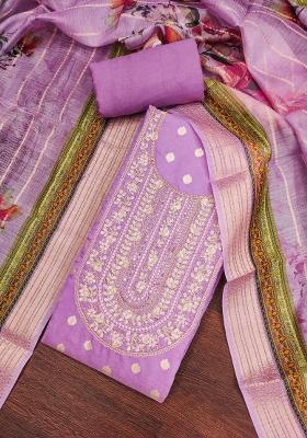 Purple Embroidered Blended Dress Material